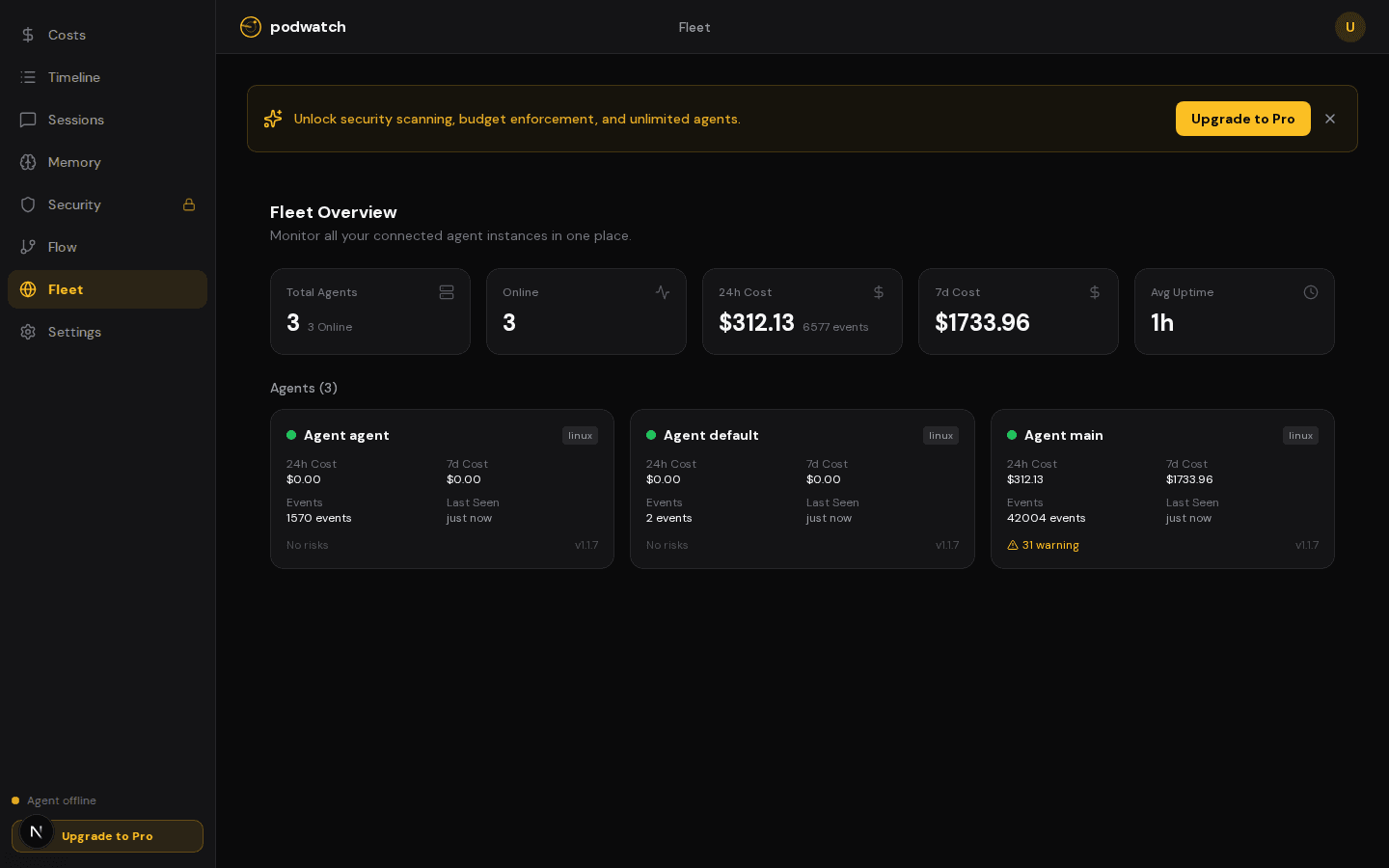 Podwatch Fleet Overview — monitor multiple AI agents with status, costs, and event counts