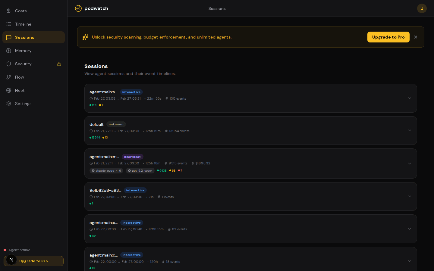 Podwatch Session Viewer — detailed session timeline with costs, models, and event breakdowns